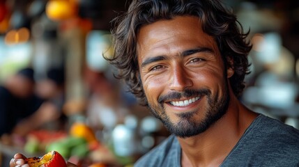 Obraz premium A man with a beard and a smile is holding a plate of food. He looks happy and content
