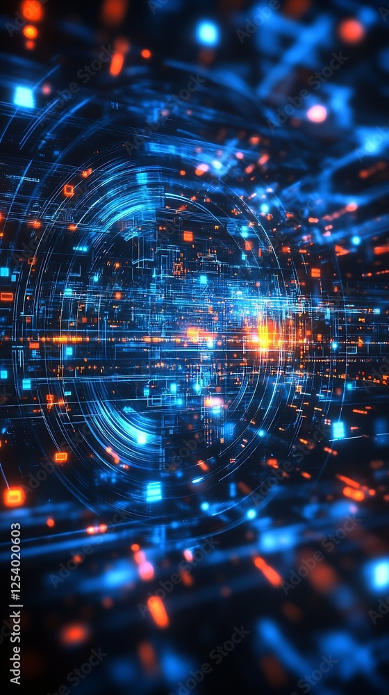 Poster intricate digital illustration showcasing swirling circular patterns of blue and orange light in a t