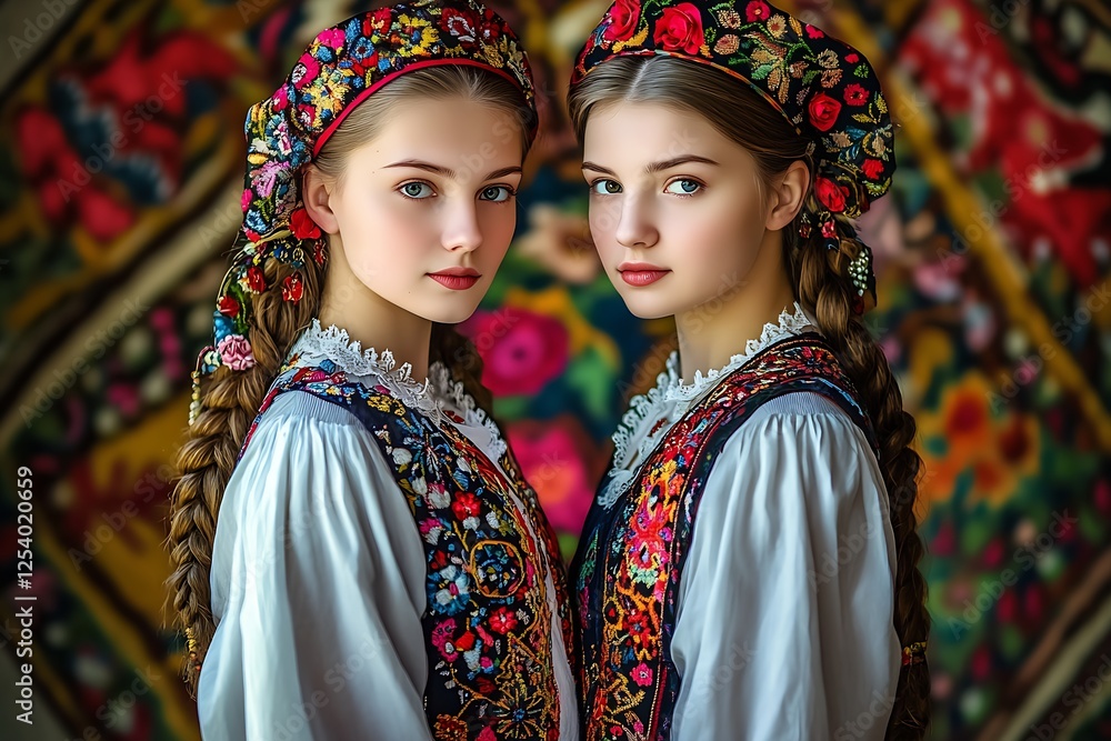 Poster charming twin sisters dressed in vibrant traditional outfits with beautiful embroidery and braids se