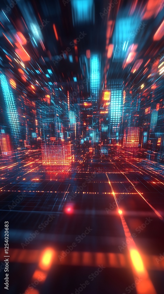 Poster dynamic perspective of a tech-driven urban environment featuring a flow of colorful neon lights : ge