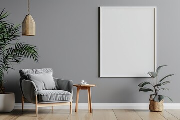 Minimalist gray living room with armchair, side table, hanging lamp, and blank wall for product presentation.
