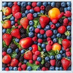 Fototapeta premium Variety of fresh berries and fruits arranged in a square tray against a light background