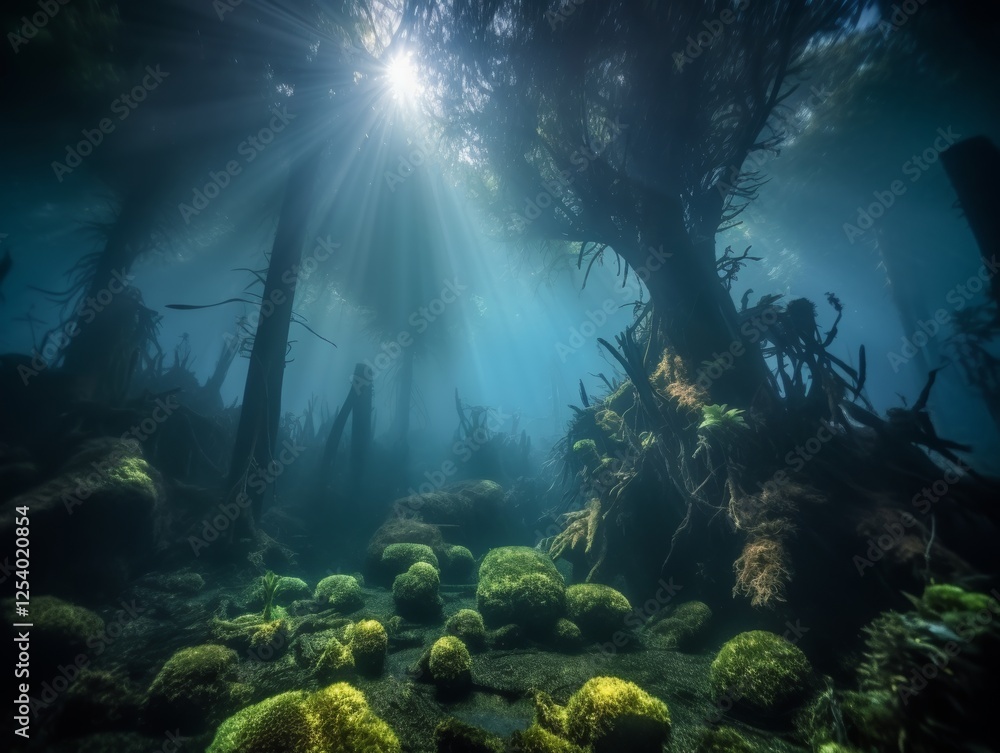 Poster enchanting underwater landscape with rays of light filtering through ancient forest in a serene aqua