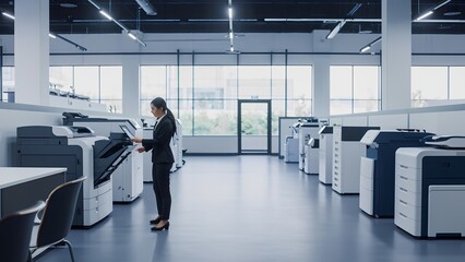 Workers collaborating in a modern office environment focused on document printing and management tasks