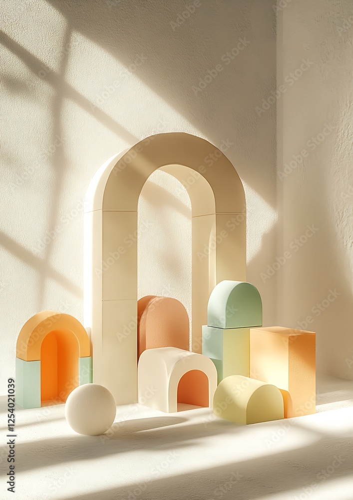 Fototapete minimalist arrangement of colorful soft play blocks bathed in gentle light : generative ai