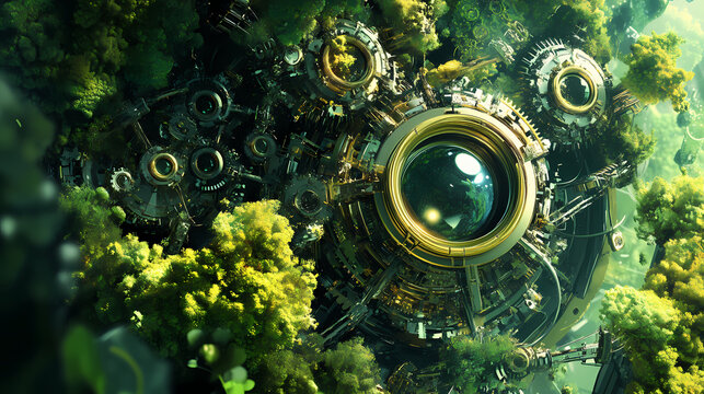 A powerful visual contrast between a lush green ecosystem and a complex mechanical structure,. Mechanical Forests. Illustration