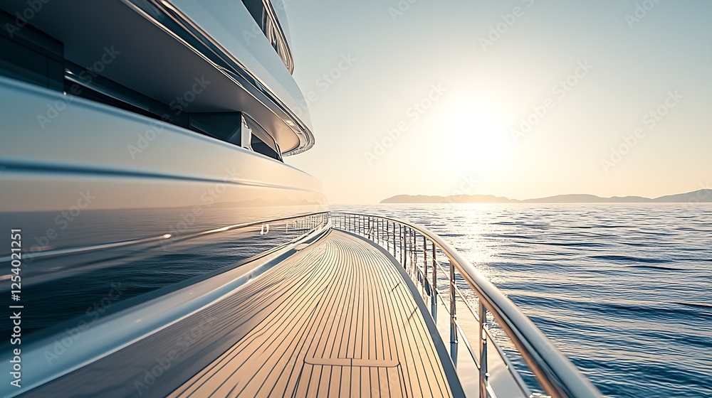 Poster stunning yacht deck view with sparkling ocean waves and golden sunset reflecting on polished surface