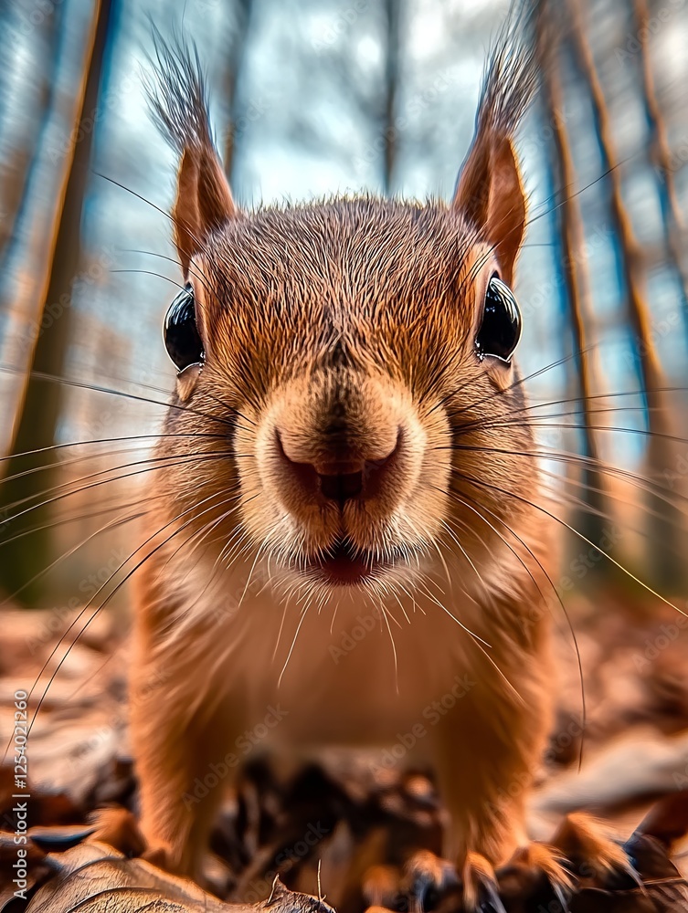Aufkleber Intense Close Up of a Squirrel's Face Highlighting Its Expression and Fur in a Natural Environment : Generative AI