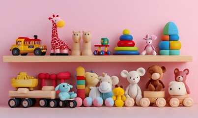 Obraz premium A Collection of colorful wooden and plush toys arranged neatly on a shelf against a pink background
