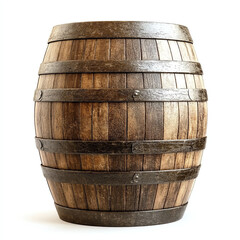 Obraz premium A rustic wooden barrel with metal bands, ideal for storing wine, whiskey, or other beverages. This traditional container adds charm and authenticity to any setting.