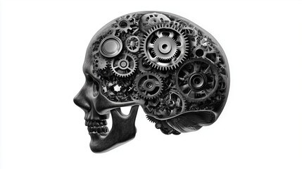 human brain profile with gears inside head. illustration of thinking mechanically like a robot in a linear thought system. isolated on white background