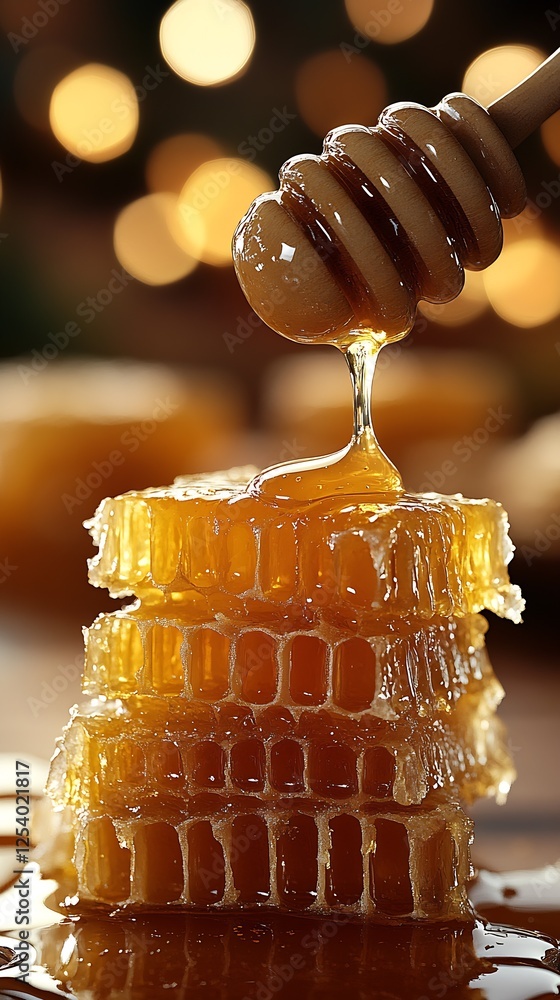 Poster drizzling golden honey over a beautiful honeycomb in a cozy bright setting : generative ai