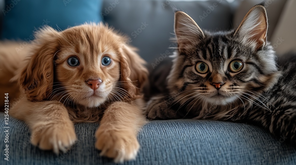 Poster cute golden puppy and elegant tabby kitten resting side by side on a comfy couch displaying their pl