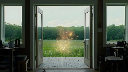 Open Doors Reveal Glowing Field At Dawn