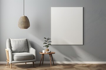 Minimalist gray living room with armchair, side table, hanging lamp, and blank wall for product mock-up.