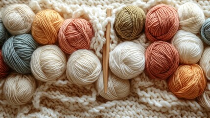 A bunch of colorful yarn balls and a knitting needle. The yarn balls are of different colors and sizes, and the needle is placed in the middle of them. Concept of creativity and craftsmanship