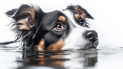 Fototapeta premium Artistic portrait of a dog gently swimming with grand expression and water reflections : Generative AI