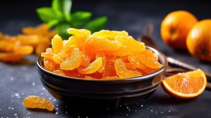 National candied orange peel day Fresh tangerine slices in a dark bowl with green mint leaves and whole tangerines