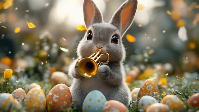 Charming Bunny Playing Trumpet Amid Colorful Easter Eggs