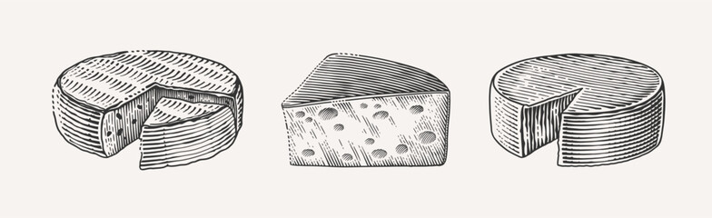Hand-drawn, engraving-style illustration of three different cheese wheels, including whole and sliced pieces.