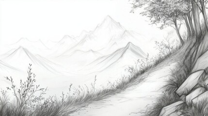 Move More Month Tranquil mountain path sketch with serene landscape and lush foliage