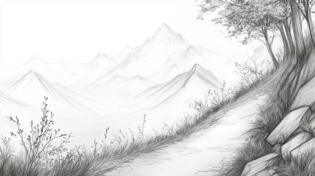 Move More Month Tranquil mountain path sketch with serene landscape and lush foliage