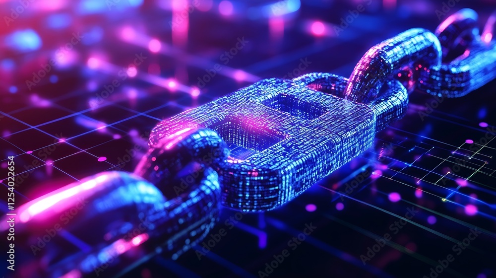 Fototapete Futuristic Digital Padlock Embedded in a Modern Chain with Vibrant Glowing Lights : Generative AI