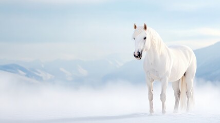 Naklejka premium White horse standing in misty snowy landscape