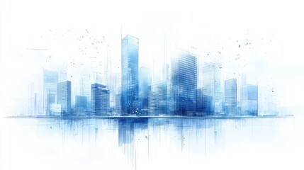 Fototapeta premium A digital illustration of a blue-toned city skyline with abstract elements.
