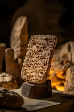 International Museum Day Ancient cuneiform tablet on display with intricate inscriptions in dimly lit setting