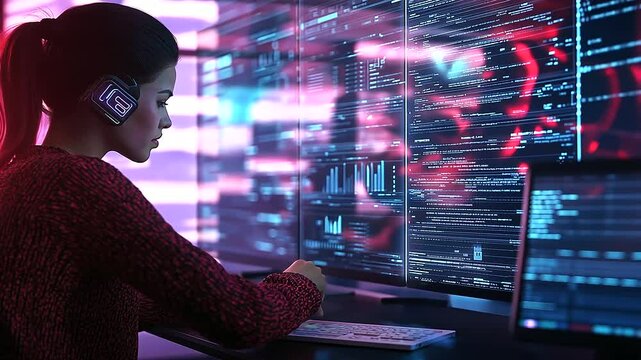 A female software architect reviewing complex system diagrams on multiple floating holographic interfaces, deep in thought as she refines application security protocols.