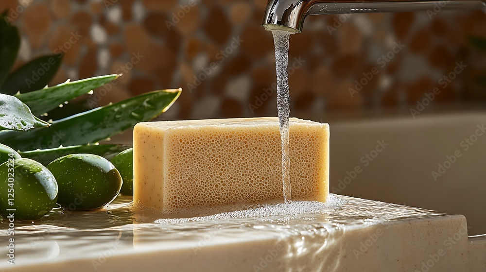 Poster refreshing natural soap with running water and lush green leaves for a clean environment : generativ