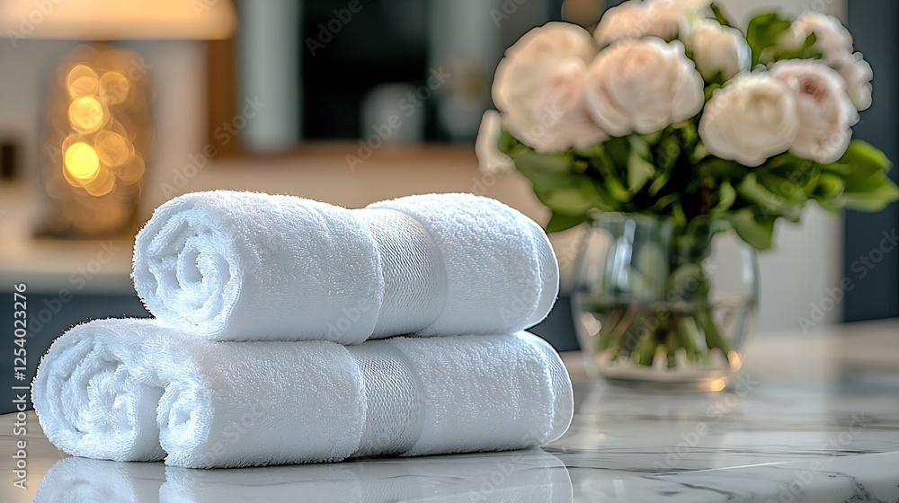 Aufkleber two plush white towels laid gently on a marble surface with soft pink roses in the background : gene