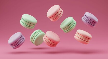 Obraz premium Colorful assorted macarons floating against pink background