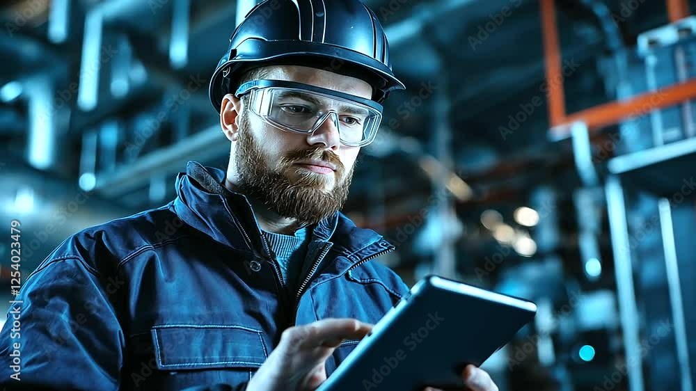 Poster a focused technician in a high-tech factory, reviewing energy consumption and production efficiency 