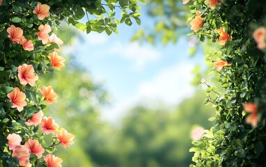Obraz premium Vivid flowers on the left, blurred with natural greenery and framed by a tranquil summer sky.