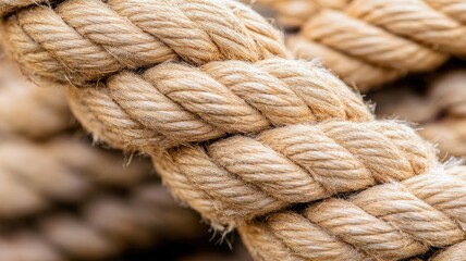 Macro view of thick, twisted rope made from natural fibers