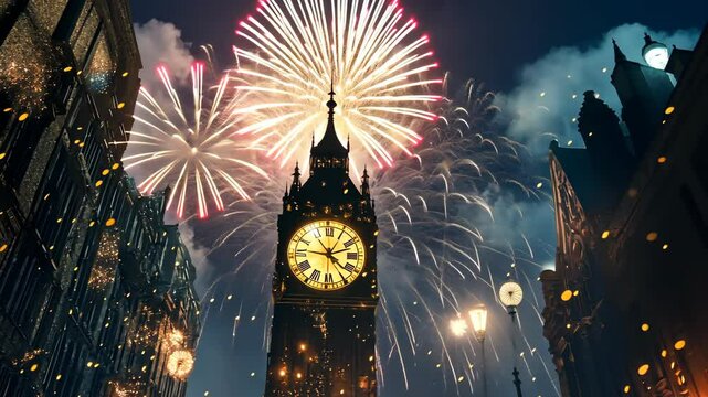 Celebration of New Year fireworks near iconic clock tower in London at midnight