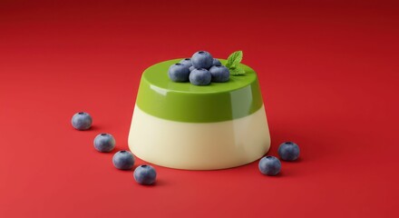 Green and white dessert with blueberries on red background
