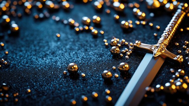 Silver sword among glowing golden spheres on dark surface