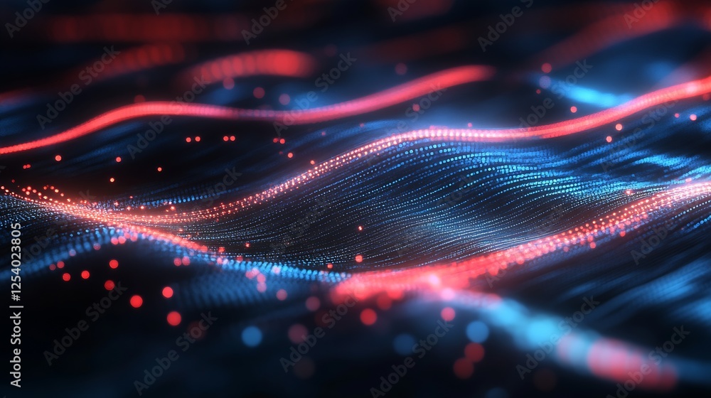 Leinwandbilder captivating shimmer of red and blue lights cascading in rhythmic flow resembling digital ocean waves