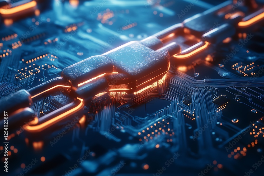 Aufkleber intricate close up of a digital circuit board showcasing glowing network chains and advanced technol