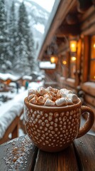 Obraz premium Cozy hot chocolate moment at a ski lodge retreat