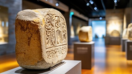 Ancient stone carvings displayed in museum exhibit hall