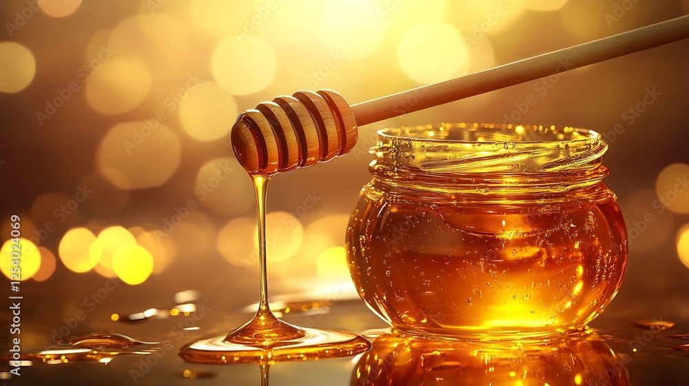 Poster golden viscous honey dripping from a wooden dipper into a glass jar with bokeh lights : generative a