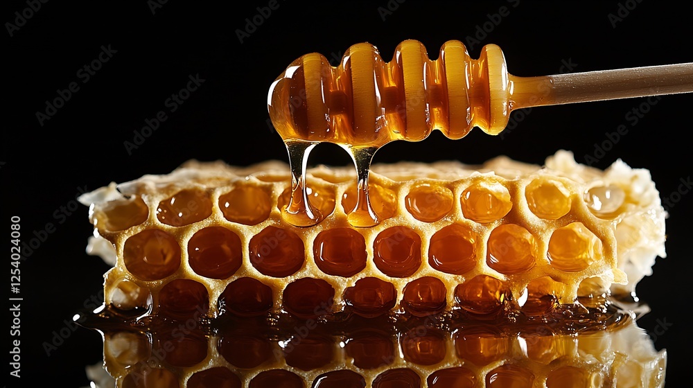 Poster macro view of honey dripping from a dipper onto a honeycomb showcasing rich colors and textures : ge