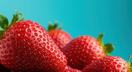 Fresh ripe strawberries against vibrant blue background