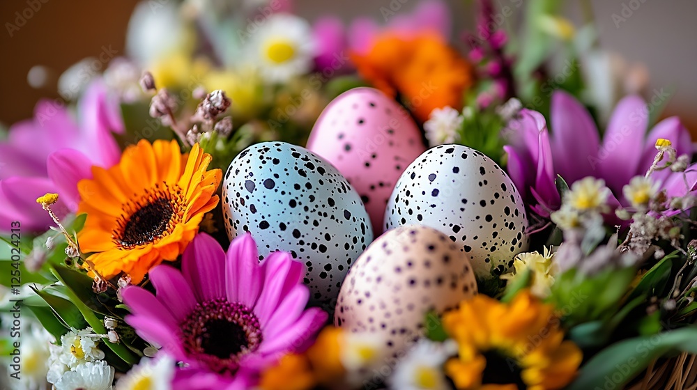 Poster charming easter eggs in pastel colors arranged with cheerful spring flowers for a friendly festive l