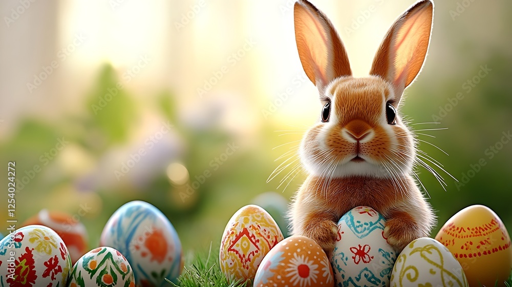 Fototapete charming fluffy rabbit with easter eggs surrounded by soft natural light in spring : generative ai