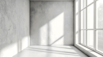 Empty white wall background. Bright minimalist empty abstract studio room with grey wall and concrete.Empty grey room with window shadows.
Abstract white studio background for product presentation .